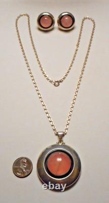 NE FROM Denmark Sterling 925 Rose Quartz Mod Pendant on 24 Chain & Earrings Set