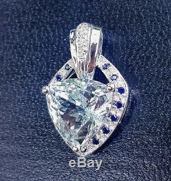 Natural Aquamarine Blue Sapphire Diamond Solid 9K White Gold Pendant Necklace