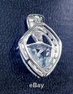 Natural Aquamarine Blue Sapphire Diamond Solid 9K White Gold Pendant Necklace