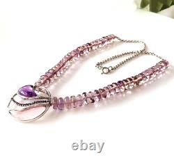 Natural Pink Rose Quartz & Purple Amethyst Necklace Silver 925 Authentic Beads