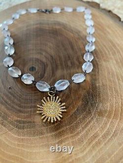 Natural Rose Quartz Diamond Sunburst Necklace 925 Sterling Silver Jewelry HG