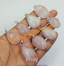 Natural Rose Quartz Gemstone 925 Sterling Silver Plated Handmade Bezel Pendants