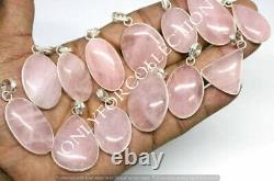 Natural Rose Quartz Gemstone 925 Sterling Silver Plated Handmade Bezel Pendants