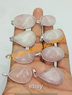 Natural Rose Quartz Gemstone 925 Sterling Silver Plated Handmade Bezel Pendants