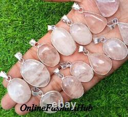 Natural Rose Quartz Gemstone 925 Sterling Silver Plated Wholesale Bezel Pendants