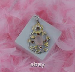 Natural Rose Quartz Gemstone Floral Pendant 925 Silver Garnet Jewelry Gift Women