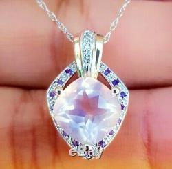 Natural Rose Quartz Pink Sapphire Diamond Solid 9K White Gold Pendant Necklace