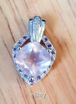 Natural Rose Quartz Pink Sapphire Diamond Solid 9K White Gold Pendant Necklace