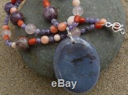 Necklace/Pendant Silver 925,1 Agate Mousse (Foam), Coral, Agate & Pink Quartz