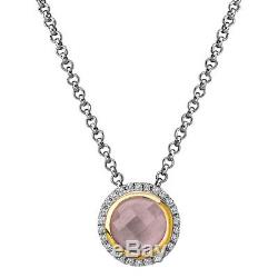 New 18k Gold & Sterling Silver. 925 Circle Diamond Rose Quartz Pendant Necklace
