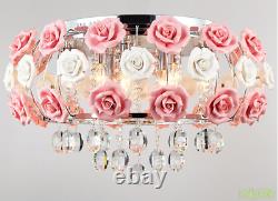 New Pink Ceramic Rose Crystal LED Ceiling light Chandelier Pendant lamp Lighting