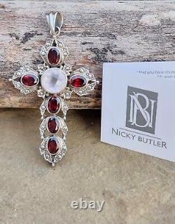 Nicky Butler Designer 925 Sterling Silver Cross Pendant Garnet & Rose Quartz NB