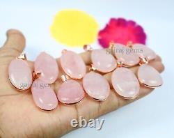 Offer Natural Pink Rose Quartz Gemstone Rose Gold Plated Bezel Pendants Jewelry