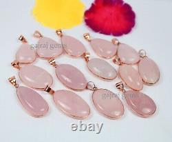 Offer Natural Pink Rose Quartz Gemstone Rose Gold Plated Bezel Pendants Jewelry
