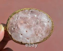 Old Chinese Gilt Silver Rose Quartz Carved Carving Pendant with Flowers