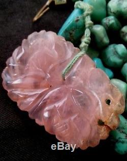Old Native American Kingman turquoise & rose quartz pendant necklace 72 g. 19