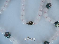 Old Rose Quartz Crystal, Cloisonne Necklace Sterling Silver Clasp Bronze pendant