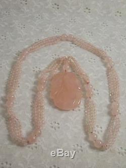 Oriental rose quartz vintage beaded necklace with carved medallion