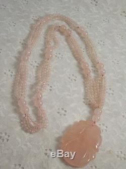 Oriental rose quartz vintage beaded necklace with carved medallion