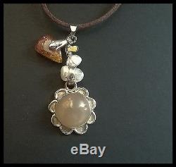 Original Baltic amber/ rose Quartz and Seed Pearl pendant on leather