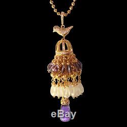 Pendant Bird Cage with Tassel, Amethyst and Rose Quartz Gold on 925 Silver