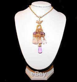 Pendant Bird Cage with Tassel, Amethyst and Rose Quartz Gold on 925 Silver