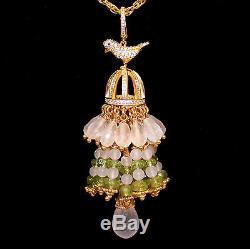 Pendant Bird cage with Tassel, Peridot Rose quartz Gold on 925 Sterling silver