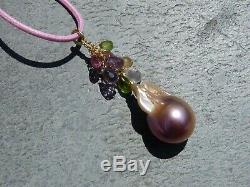 Pendant Gold 18 CT, 1 Pearl Baroque Freshwater And 10 Stones Precious