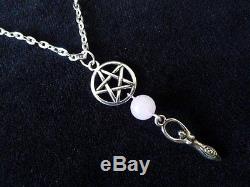 Pentacle, Rose Quartz and Goddess Pendant necklace on 18 silver plated chain