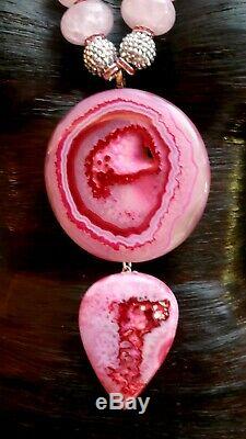 Pink Druzy Agate Rose Quartz Rondelle Artist Statement Pendant Necklace KATROX