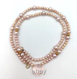 Pink Genuine Pearl Rose Quartz Faceted Pendant 14K Gold Necklace 18