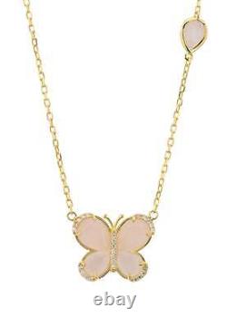 Pink Rose Butterfly Pendant Necklace Gold Rose Quartz