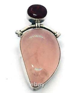 Pink Rose Quartz Crystal Lab Ruby Pendant 925 Sterling Silver Modernist LA4344