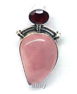 Pink Rose Quartz Crystal Lab Ruby Pendant 925 Sterling Silver Modernist LA4344