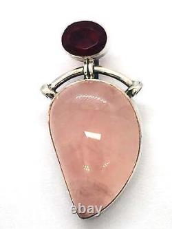 Pink Rose Quartz Crystal Lab Ruby Pendant 925 Sterling Silver Modernist LA4344