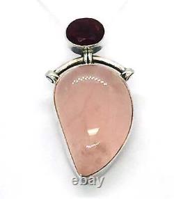 Pink Rose Quartz Crystal Lab Ruby Pendant 925 Sterling Silver Modernist LA4344