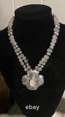Pink Rose Quartz & Sterling Flower Pendant Silver Beaded Necklace