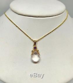 Pre Owned 14K Yellow Gold Pear Shape Rose Quartz & Amethyst Pendant Necklace 16