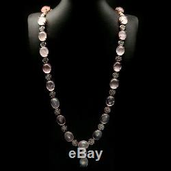 REAL! 15 X 18 mm. PINK ROSE QUARTZ LONG NECKLACE 35 925 STERLING SILVER