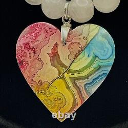 Rainbow Moss Agate Heart Pendant Rose Quartz Glass Pearl 925 Silver 24 Necklace
