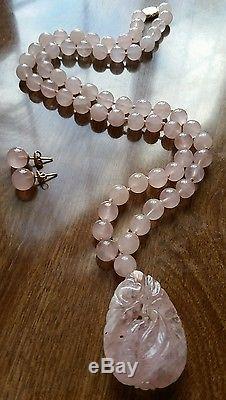 Rare GUMPS GUMP'S 14K Antique Rose Quartz Bead Pendant Necklace & Earrings WOW