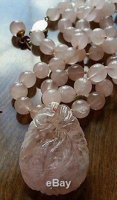 Rare GUMPS GUMP'S 14K Antique Rose Quartz Bead Pendant Necklace & Earrings WOW