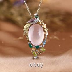 Real 925 Sterling Silver With Natural Rose Quartz Peacock Pendant