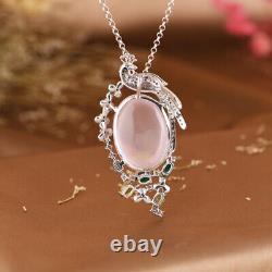 Real 925 Sterling Silver With Natural Rose Quartz Peacock Pendant