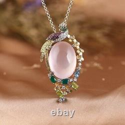 Real S925 Sterling Silver Men Women Lucky Magpie Oval Rose Quartz Pendant