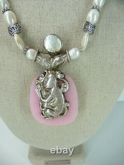 Reversible Silver 925 Overlay Pendant Necklace Monkey Fish Rose Quartz Baroque