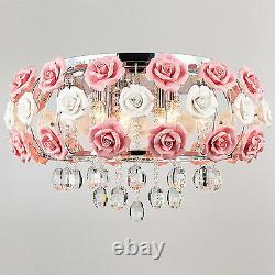 Romantic Pink Rose Flower Chandelier Light Crystal Pendant Lamp Ceiling Fixture