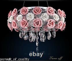 Romantic Pink Rose Flower Chandelier Light Crystal Pendant Lamp Ceiling Fixture