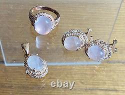 Rose Gold And Pink Quarz And Zirconi On Siver 925 Earings, Pendant, Ring Set