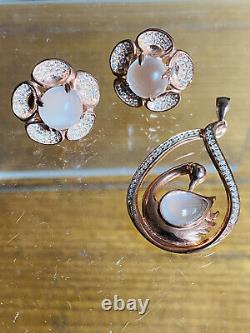 Rose Gold On Silver With Rose Quarz And Ziconian Earrings And Pendant